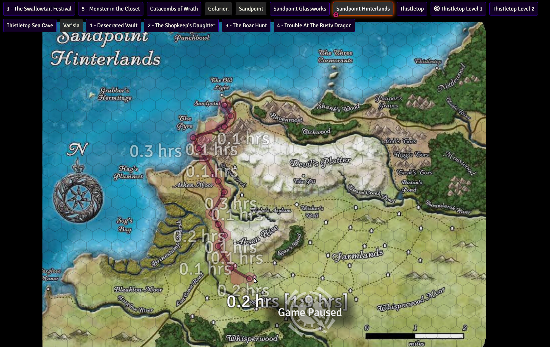 I set up a hex map on a Sandpoint Hinterlands map and calculated travel time in hours for units.