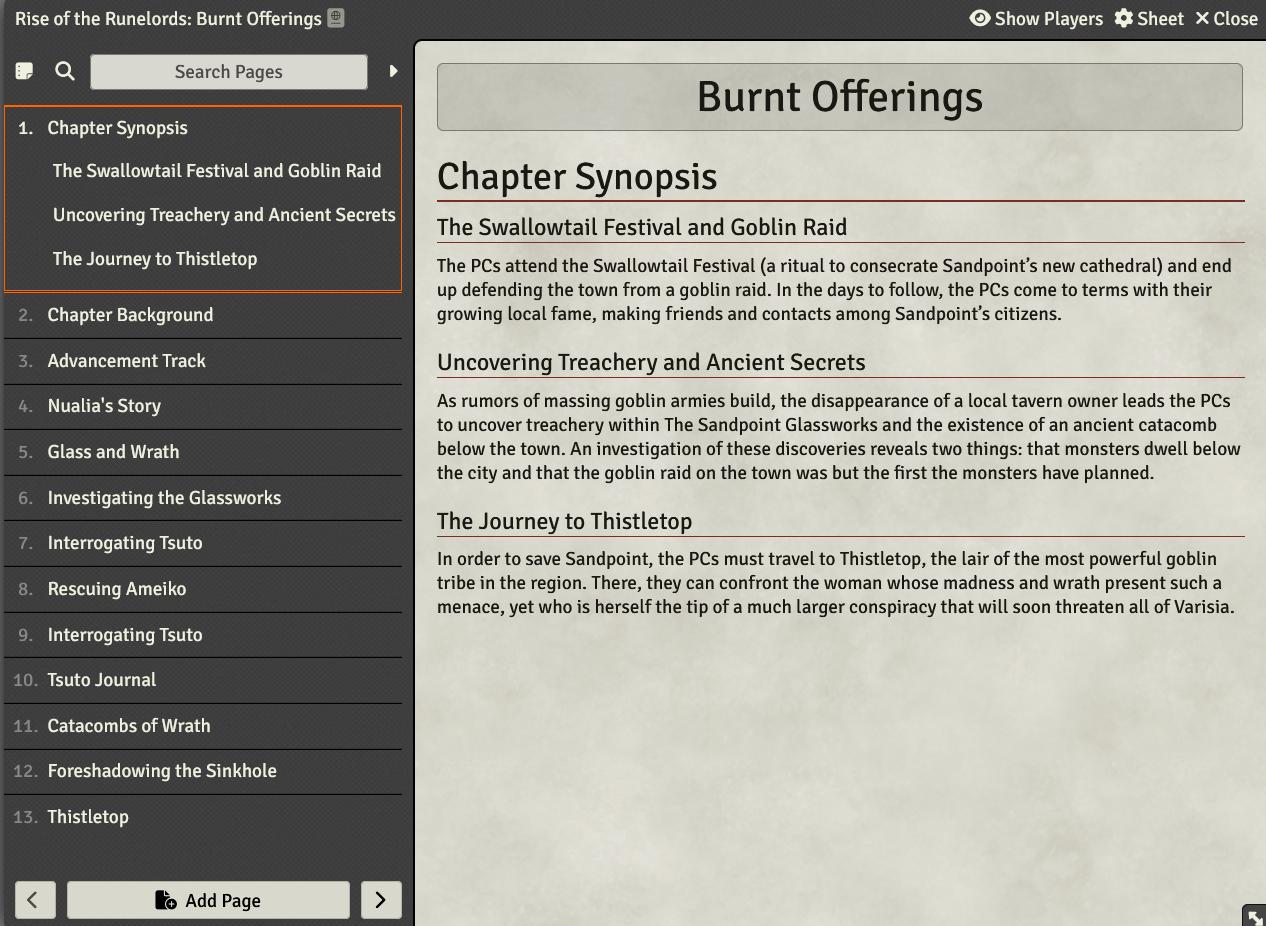 An example of a main Adventure Path journal